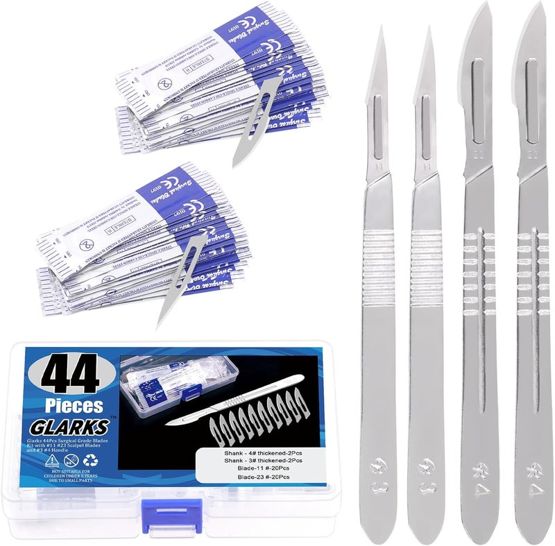 Glarks 44Pcs Surgical Grade Blade with Handle Kit, 40Pcs #11#23 Disposable Surgical Blade Sterile Scalpel Blade with 4Pcs #3#4 Scalpel Knife Handle Set for Biology Lab Anatomy, Practicing Cutting - Image 1